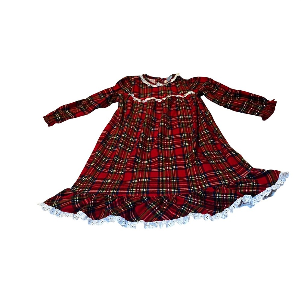 Kids Size 4T Red Plaid Nightgown Long Sleeve Lace Trim Ruffle Sleepwear